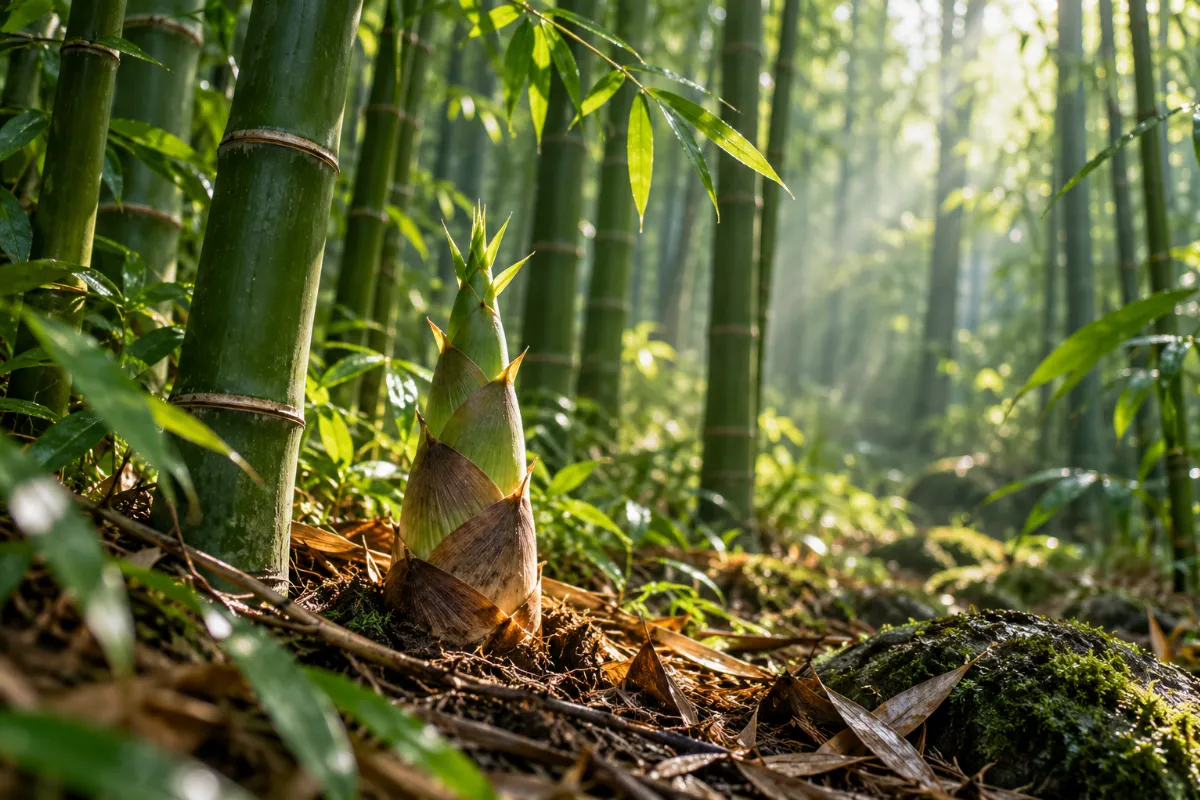 A young bamboo shoot growing among mature bamboo in soft morning light.