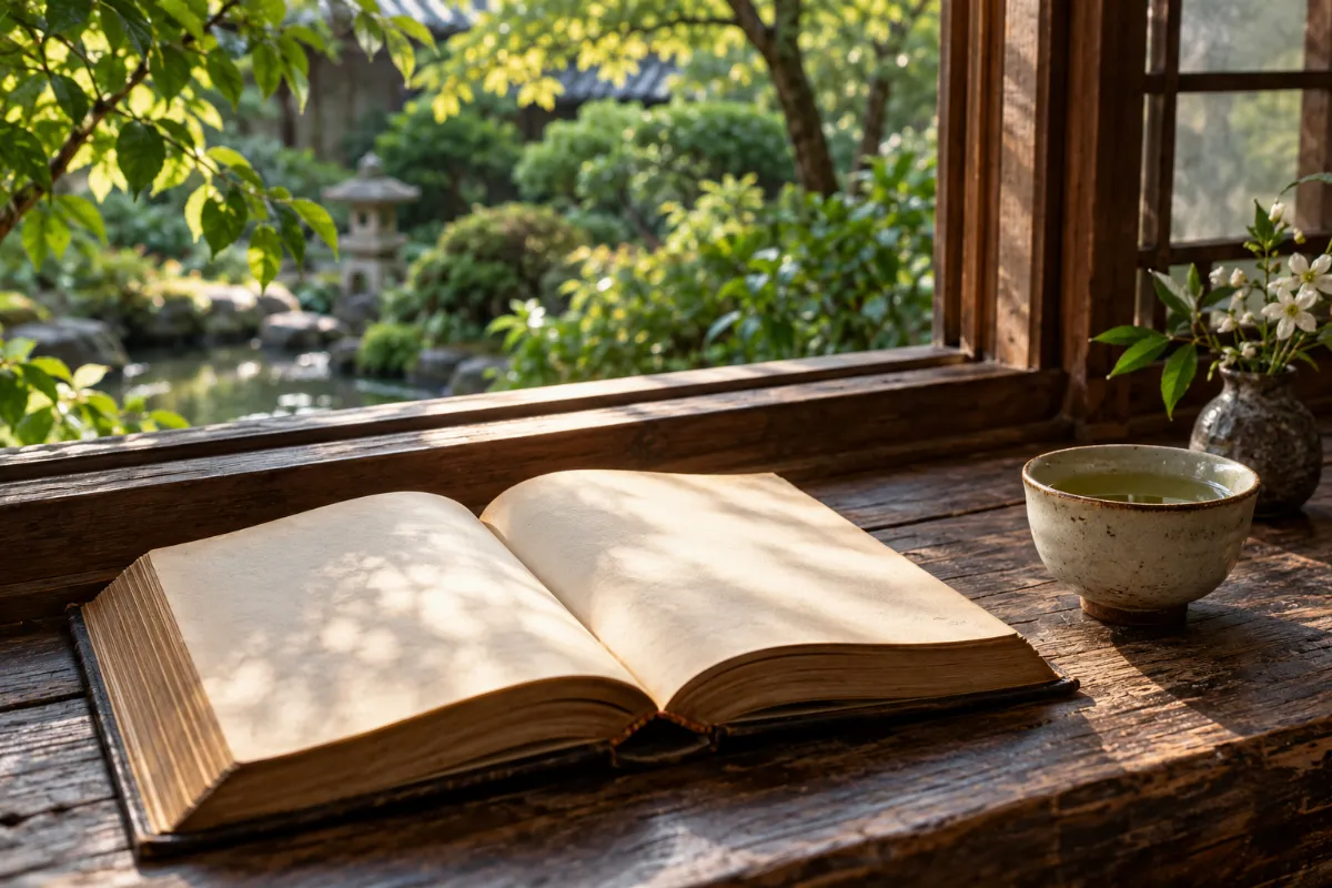 An open book and a ceramic tea cup beside a garden window.
