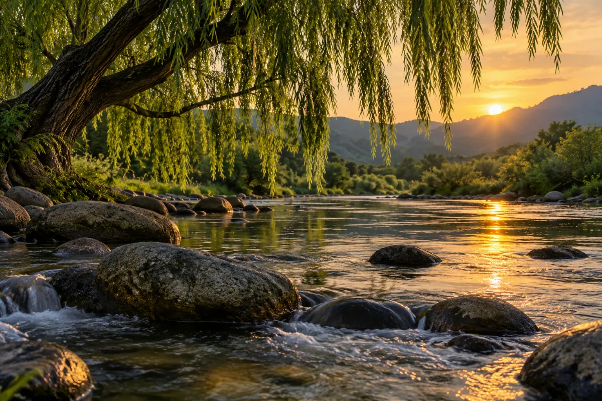 A river flowing around smooth stones beneath a willow at sunset.