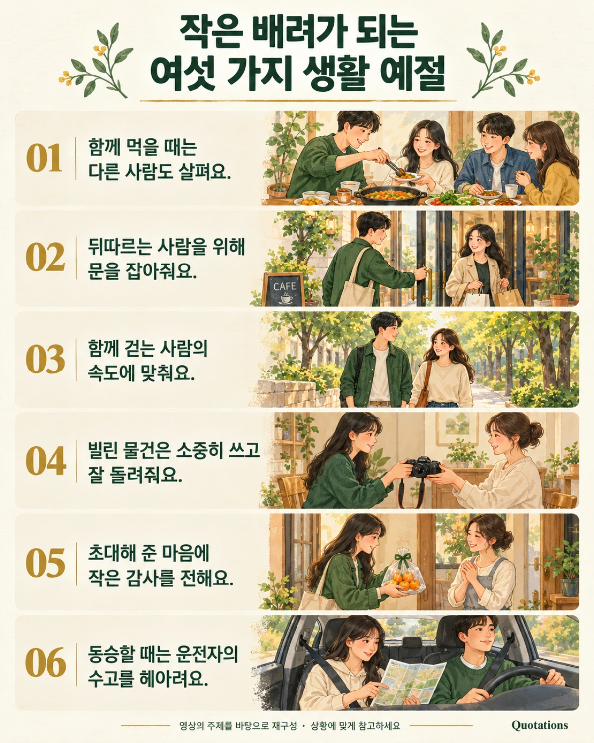 One Korean illustrated slide with six reminders about shared meals, doors, walking together, borrowed belongings, visiting a host, and considerate passengers.