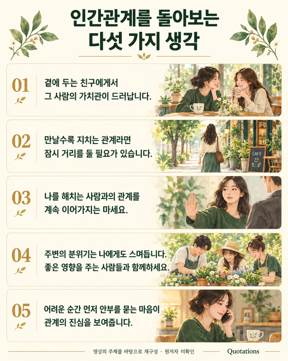 A single illustrated Korean slide summarizing five reflections on friendship, boundaries, supportive influences, and sincere care.