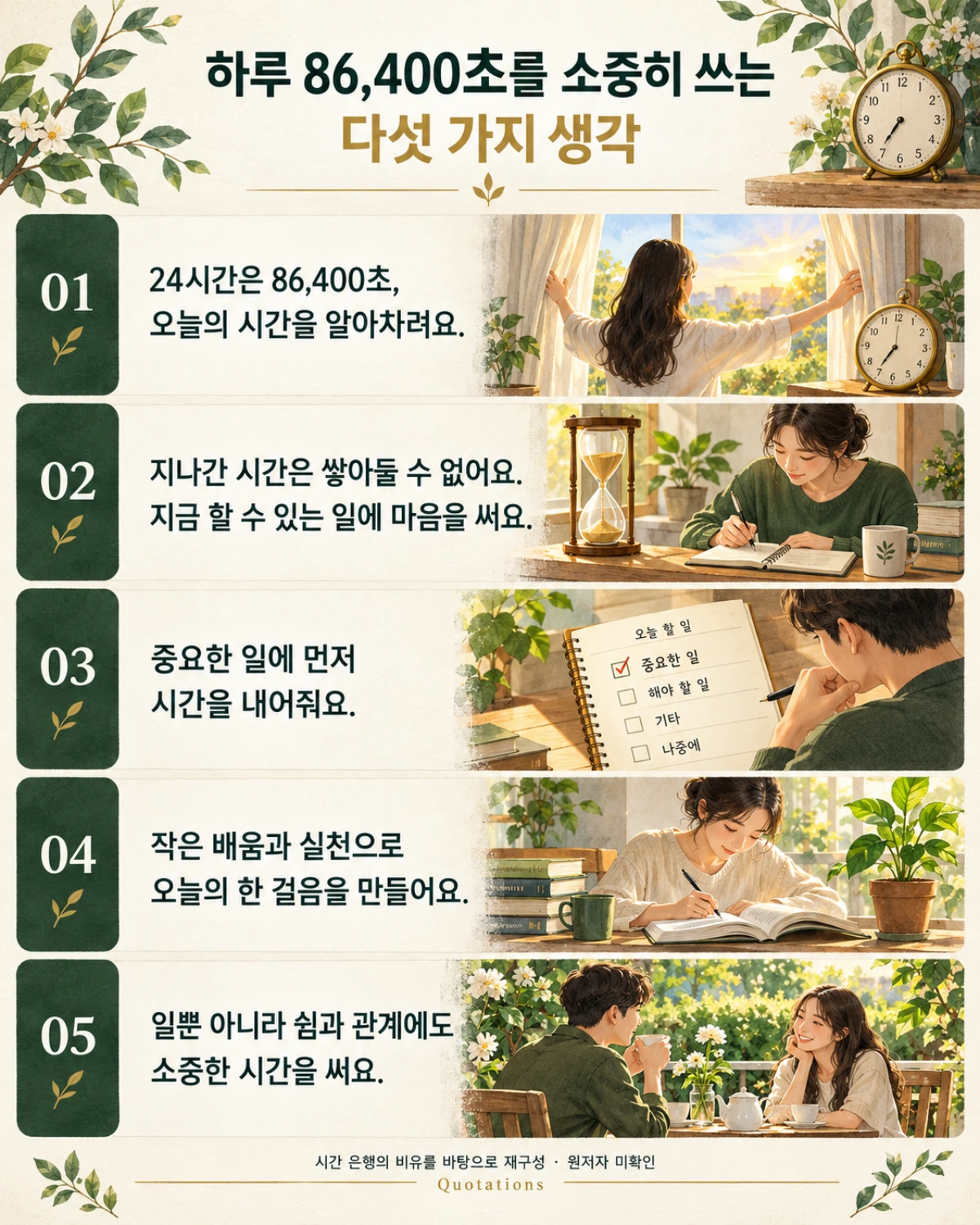 A Korean illustrated slide with five reflections on 86,400 seconds: noticing time, staying present, choosing priorities, learning, and making room for rest and relationships.